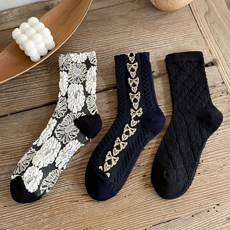 3 Pairs Floral Print Socks Comfy & Breathable Mid Tube Socks