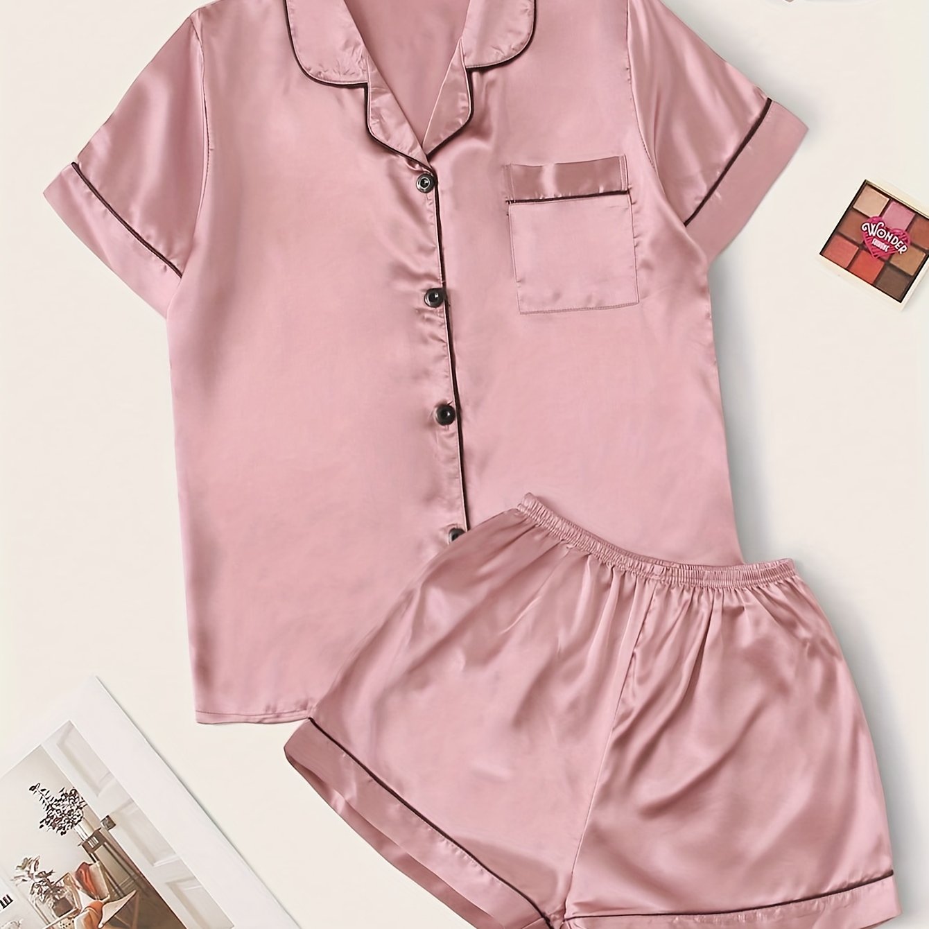 Satin Pajamas Set Short Sleeve Buttons Top & Shorts Women's Sleepwear