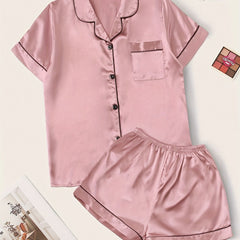 Satin Pajamas Set Short Sleeve Buttons Top & Shorts Women's Sleepwear