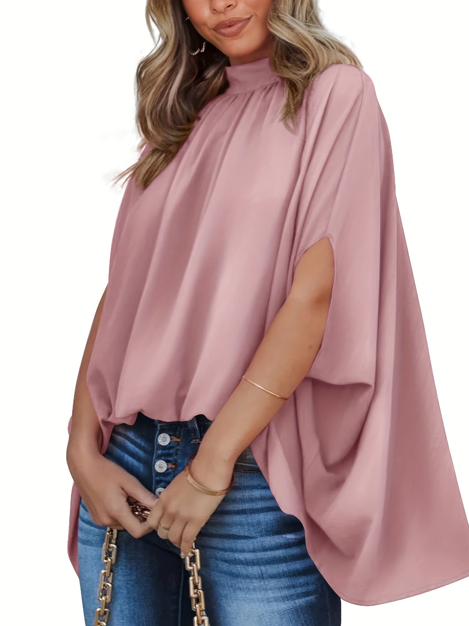 Casual Ruched High Collar Loose Blouse Women's Clothing
