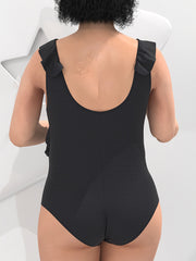 Solid V Neck Ruffle Trim One Piece Bathing Suit