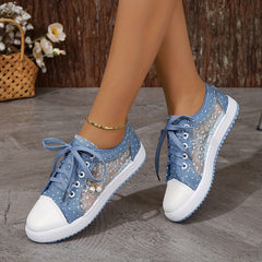 Women's Mesh Sneakers Outdoor Shoes Lightweight Pearl Buckle Decor Shoes