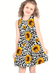 Leopard Sunflower Print Sleeveless T Shirt Dress for Girls
