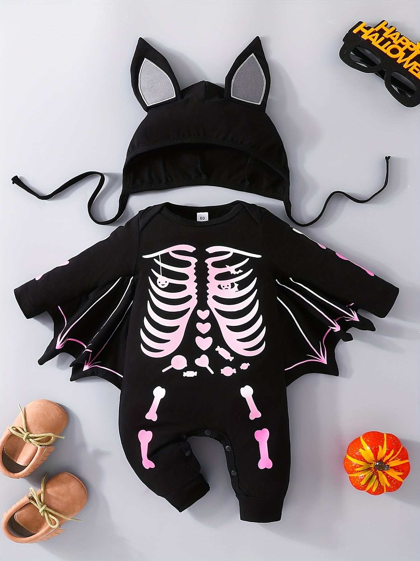 Halloween Bat Skull Print Romper & Hat Baby Outfit