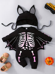 Halloween Bat Skull Print Romper & Hat Baby Outfit