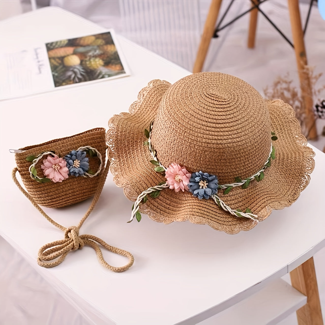 Kids' Straw Sun Hat & Bag Set Floral Lace Trim Beach Hat Summer Outdoor Hat