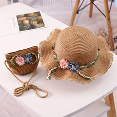Kids' Straw Sun Hat & Bag Set Floral Lace Trim Beach Hat Summer Outdoor Hat