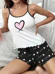 Heart Print Pajama Set Cami Top & Shorts