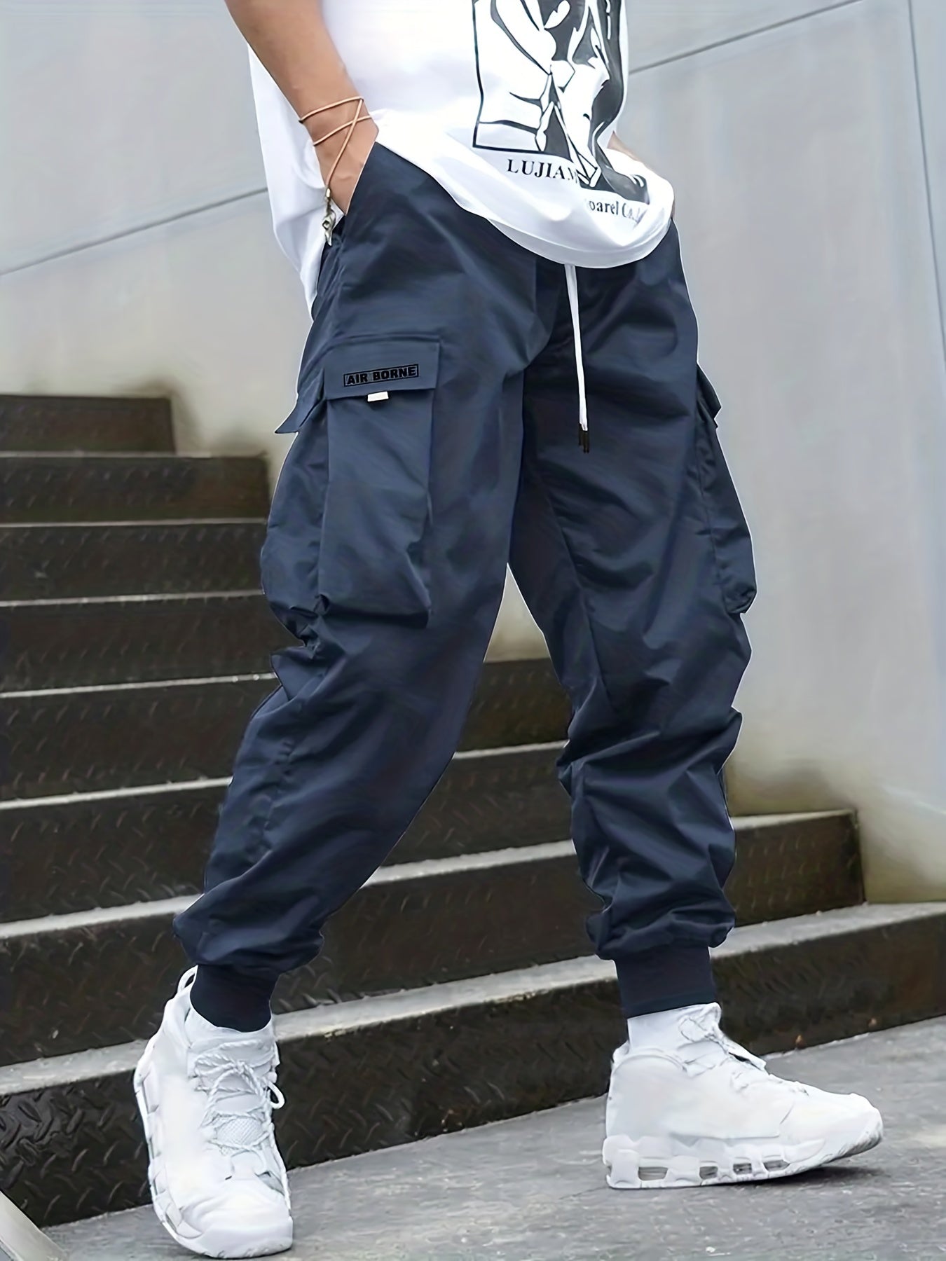 Men's Drawstring Cargo Pants Casual Outdoor Baggy Trousers