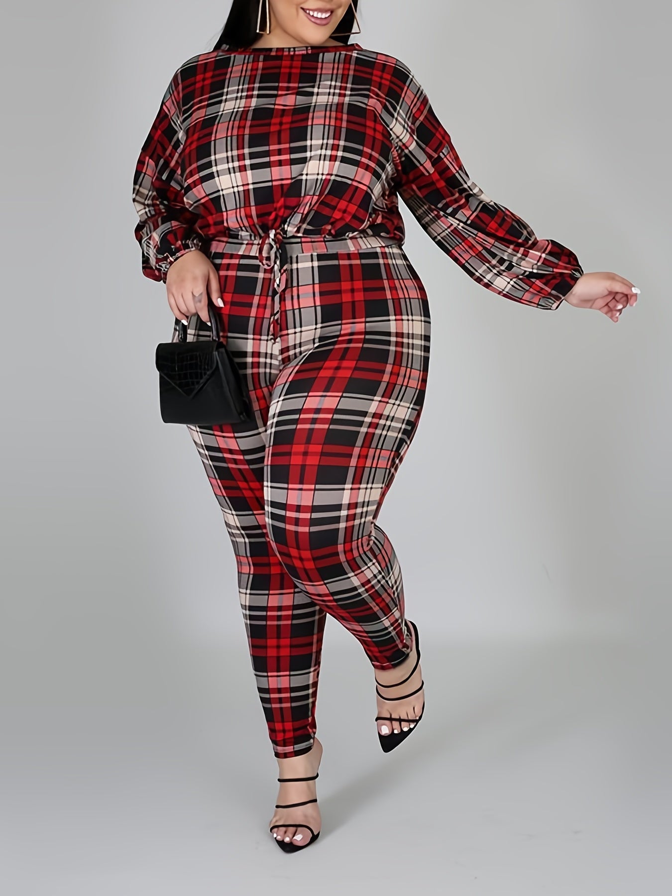 Plaid Print Long Sleeve Top & Leggings Set
