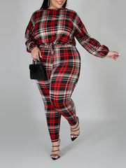 Plaid Print Long Sleeve Top & Leggings Set