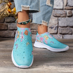 Women's Butterfly Print Sock Shoes Rhinestone Decor Slip On Sneakers