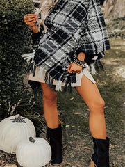 Plaid Print Sweater with Fringe Trim and V Neck