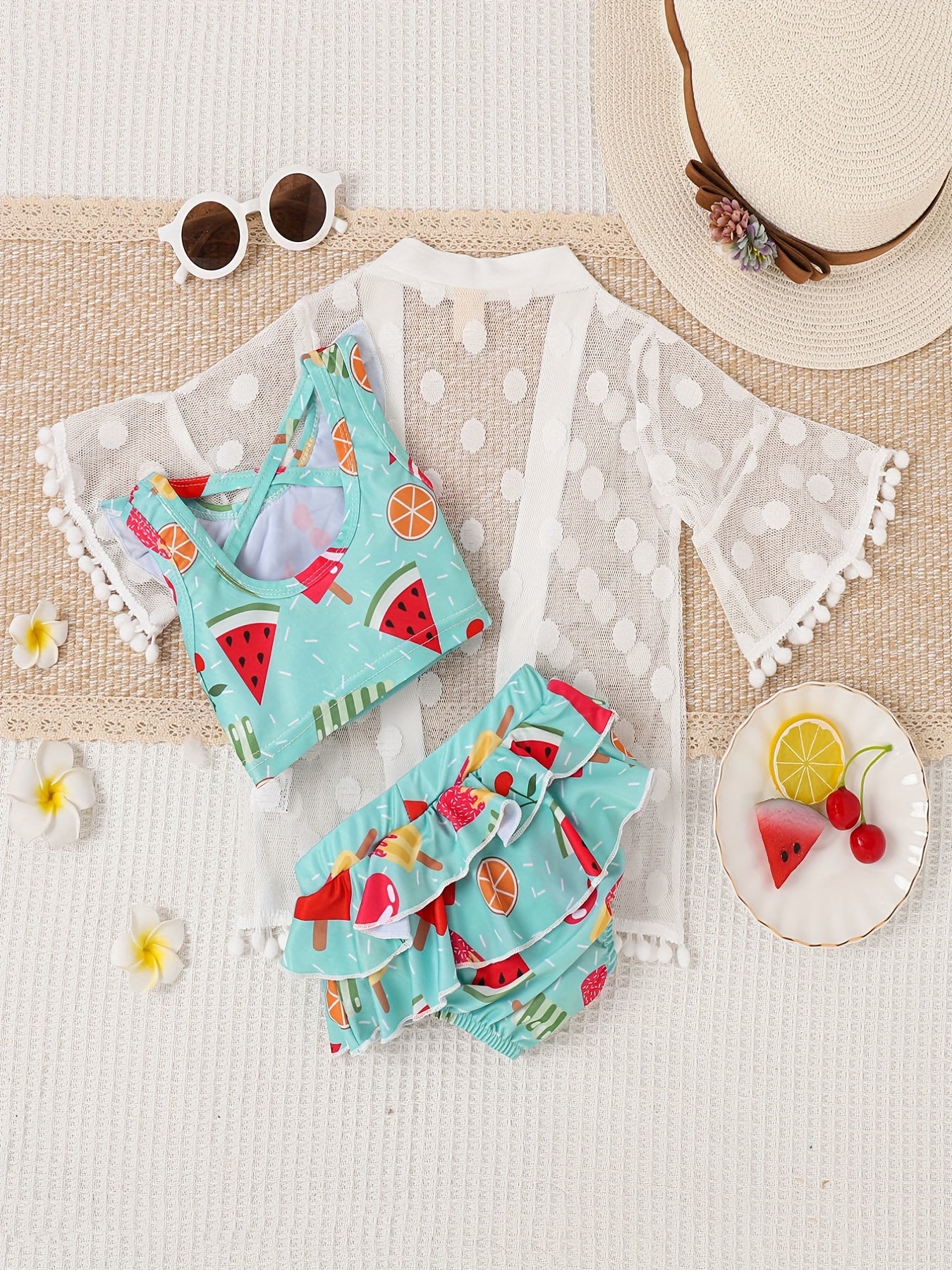 3pcs Watermelon Graphic Tank Top & Trunk & Cover Swimsuit Set