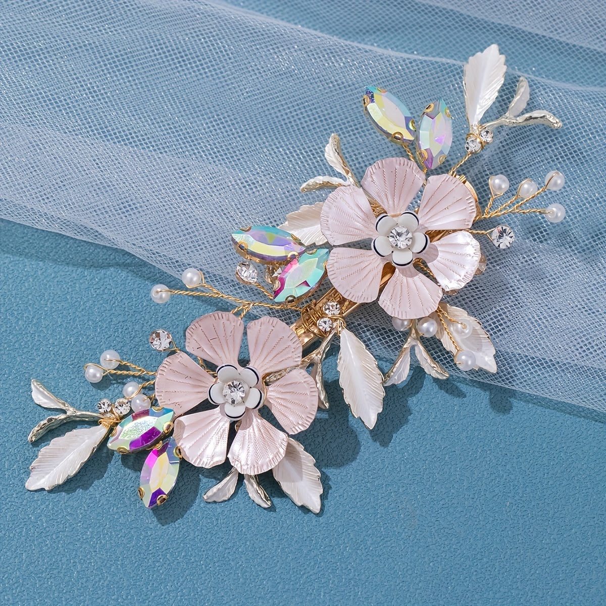 Girls Golden Pink Flower Hair Clip Colorful Rhinestone Hairpin