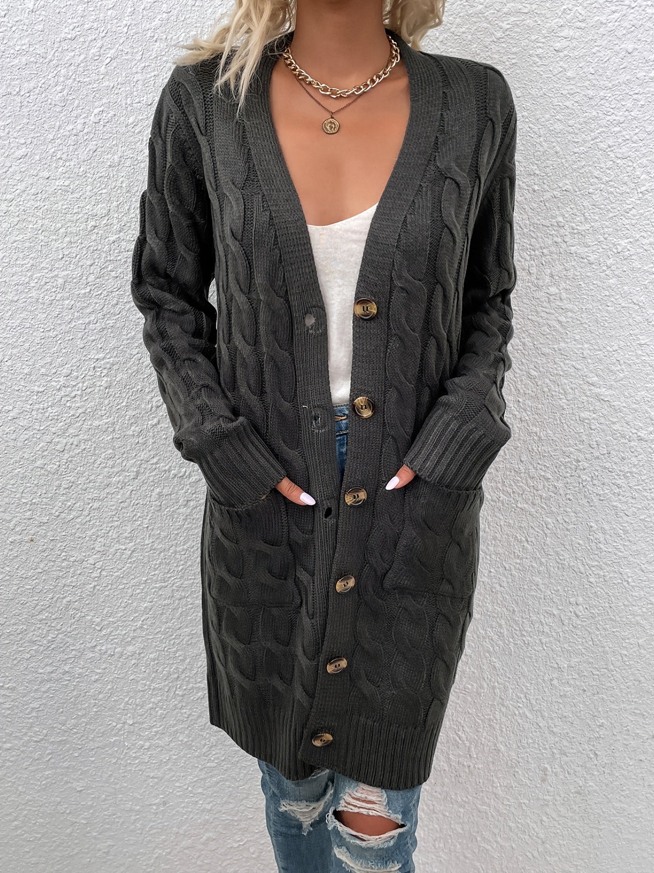 Button Up Pocket Cardigan Long Sleeve Mid Length Cardigan