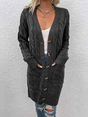 Button Up Pocket Cardigan Long Sleeve Mid Length Cardigan