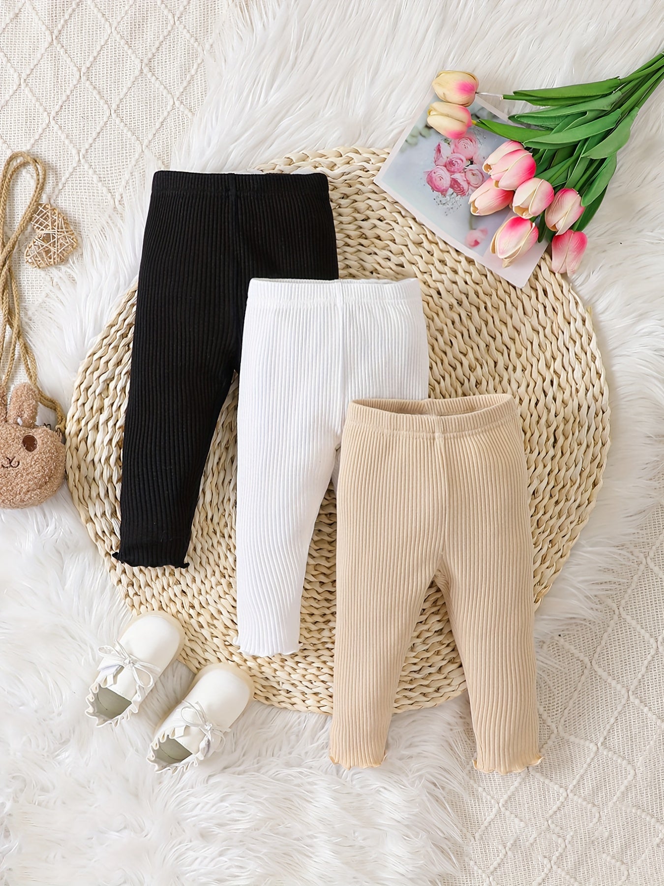 Baby Girl's Ribbed Knit Bottoming Trousers Set