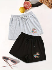 Mushroom Print Drawstring Shorts 2 Pack Women's Elastic Waist Shorts