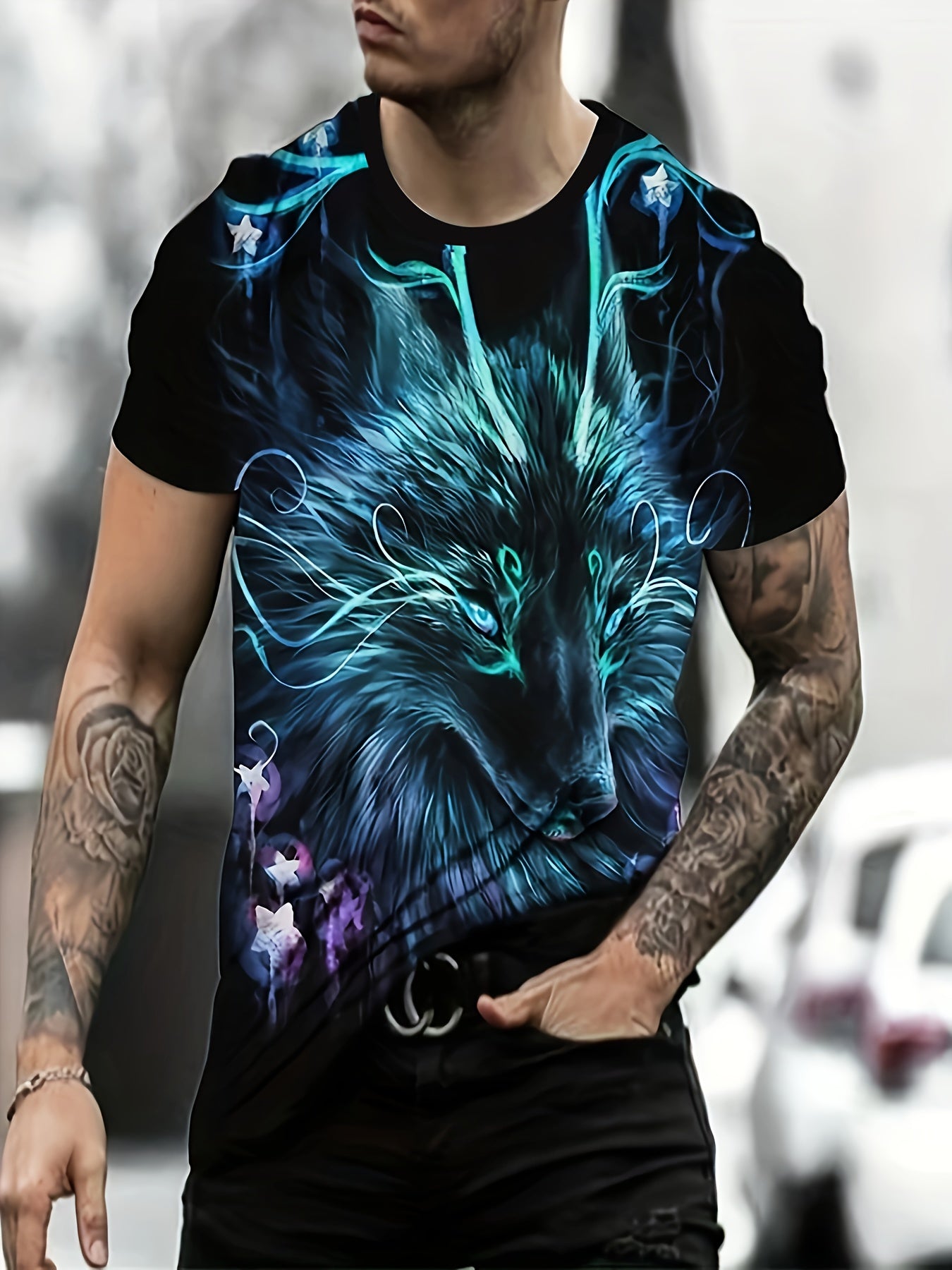Men's Wolf Pattern Sports T-shirt Round Neck Tee Shirt