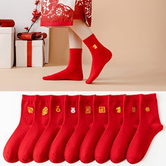 3 Pairs Rabbit Year Red Socks Women's Mid Tube Stockings