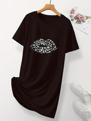 Women's Casual Nightdress Leopard Lip Print Short Sleeve Nightgown