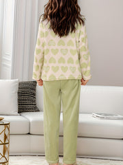 Heart Print Fuzzy Pajama Set Long Sleeve Crew Neck Top & Elastic Waistband Pants