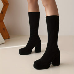 Women's Chunky Heel Slip On Platform Boots Square Toe