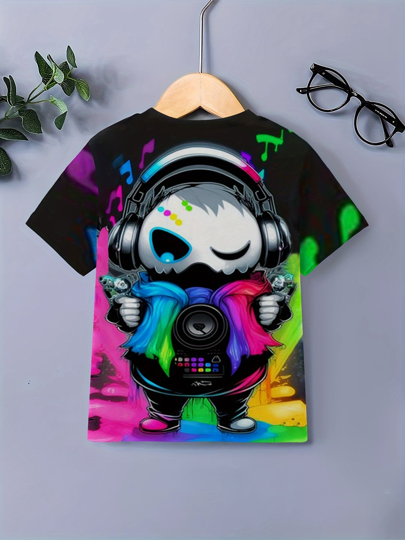 Colorful DJ Print Boy's Round Neck Casual Short Sleeve T shirt