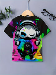 Colorful DJ Print Boy's Round Neck Casual Short Sleeve T shirt