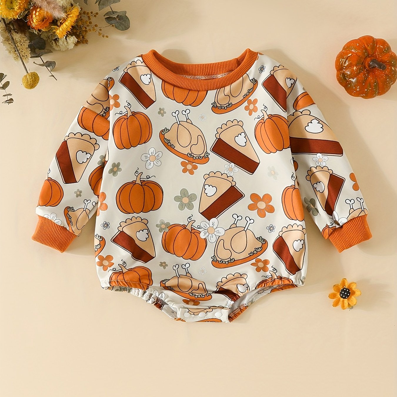 Baby Pumpkin Turkey Print Jumpsuit for 0-2 Years