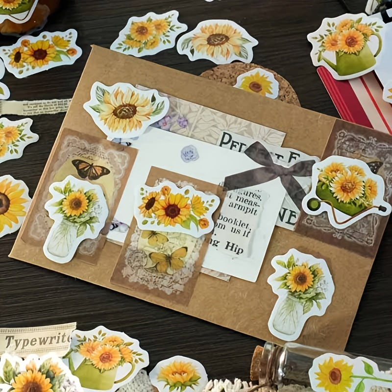46pcs Sunflower Decorative Sticker Retro Hand Account DIY Boxed