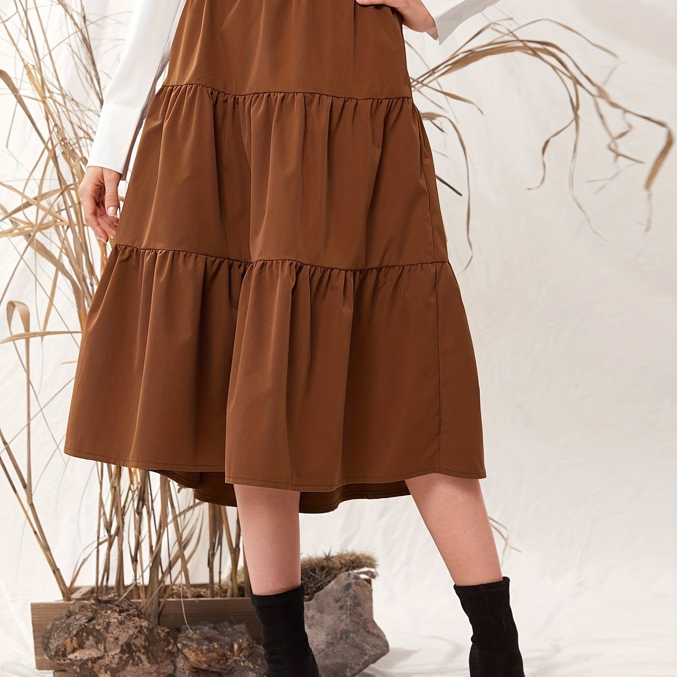 Ruched Elastic Waist Midi Skirt for Women