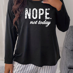 Women's Plus Size Slogan Graphic Long Sleeve Round Neck Home Wear T shirt