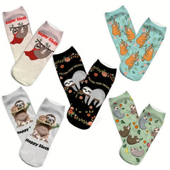 Cute Sloth Print Socks for Women 5-Pack Low Cut Stockings