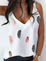 Feather Print V Neck Top Casual Summer Sleeveless Top