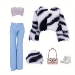 Doll Clothes Set for 11 Inch Doll Faux Fur Coat Denim Jeans Accessories