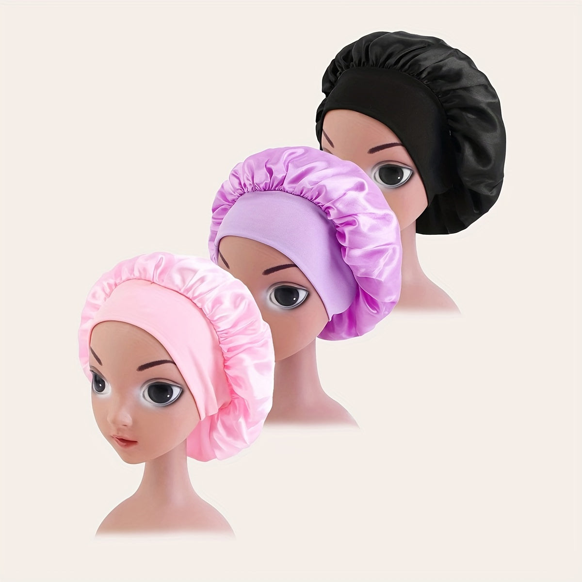 3pcs Girls Casual Elastic Bonnet Soft Comfortable Night Cap Shower Cap
