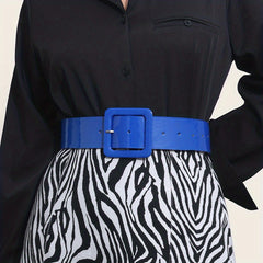 Bright PU Leather Wide Belt with Square Pin Buckle for Women