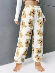 Cartoon Bear Print Lounge Pants Casual & Fuzzy Elastic Waistband Pants