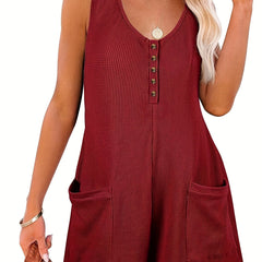 Solid Button Front Jumpsuit Crew Neck Sleeveless With Pockets