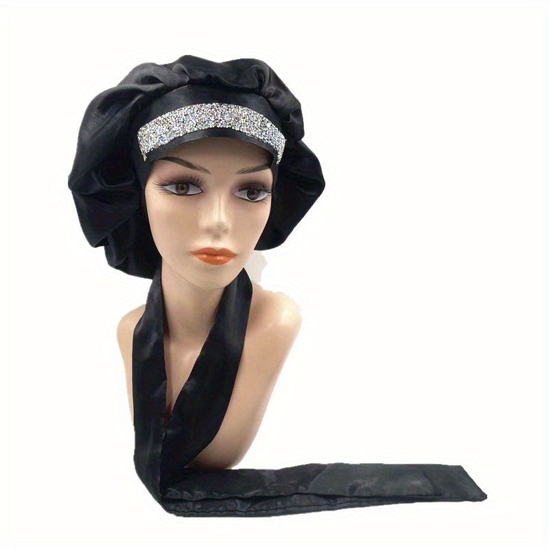 Rhinestone Decor Satin Bonnet Soft Satin Shower Cap