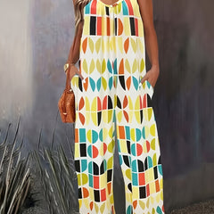 Women's Plus Geometric Print V Neck Wide Leg Jumpsuit with Pockets