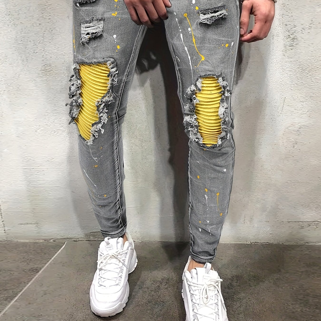 Paint Splatter Ripped Slim Fit Jeans Men's Casual High Stretch Denim Pants