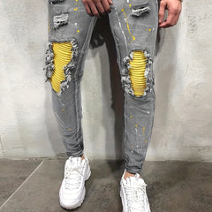 Paint Splatter Ripped Slim Fit Jeans Men's Casual High Stretch Denim Pants