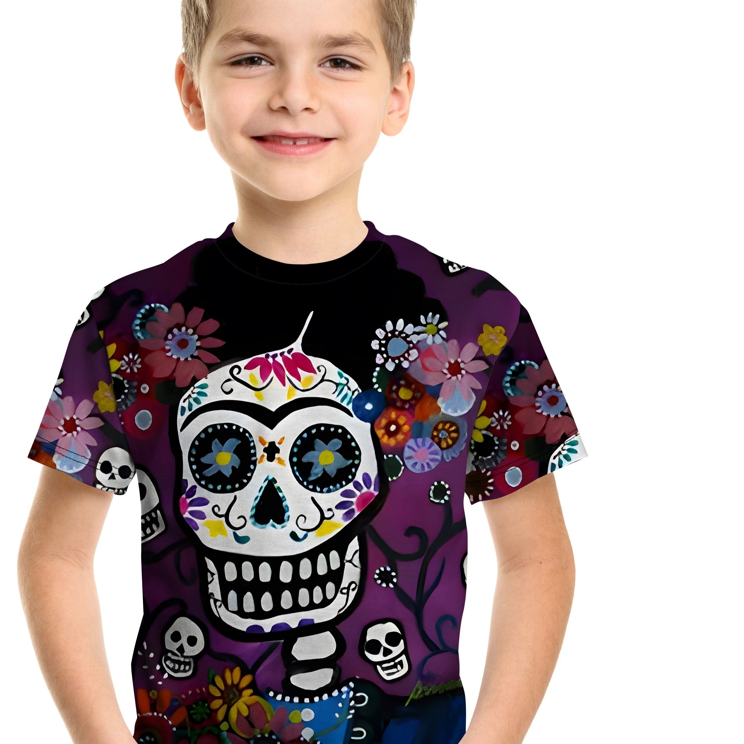 Boys Skull Floral Print T-shirt Short Sleeve Crew Neck Top