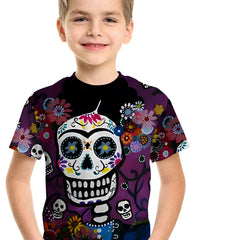 Boys Skull Floral Print T-shirt Short Sleeve Crew Neck Top