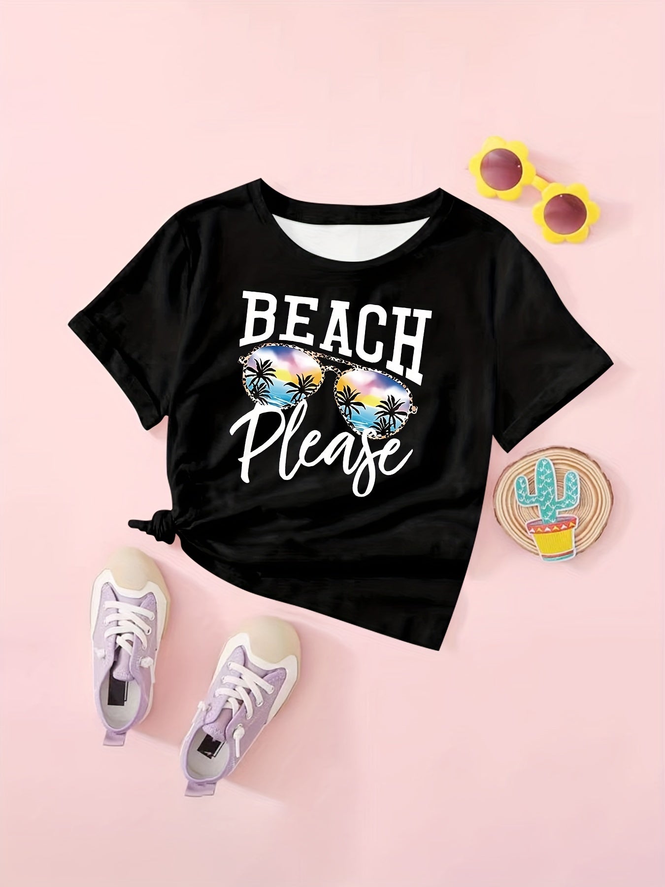 Girls BEACH Print Short Sleeve T shirt Comfy Tees Pullover Summer Clothes