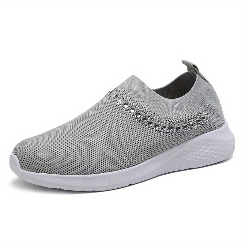 Women's Breathable Knit Sneakers Low Top Faux Rhinestone Casual Shoes