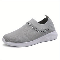 Women's Breathable Knit Sneakers Low Top Faux Rhinestone Casual Shoes